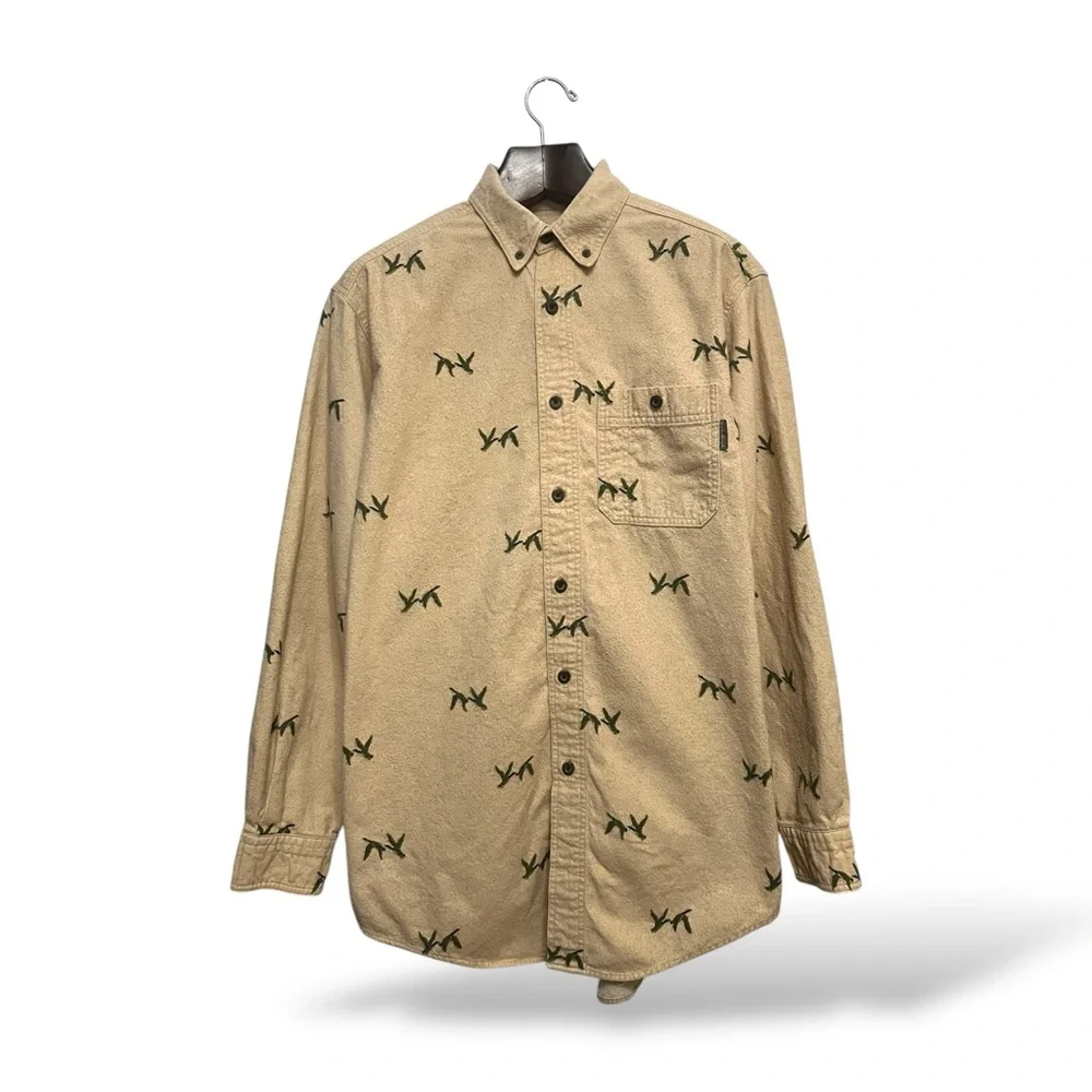 Woolrich Tan Button-Up Shirt with Green Pattern, Large